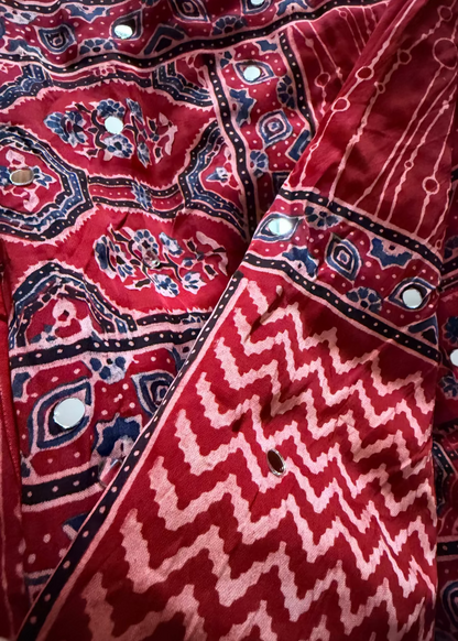 Red Pure Modal Silk Saree With Mirror Work- Gujarat