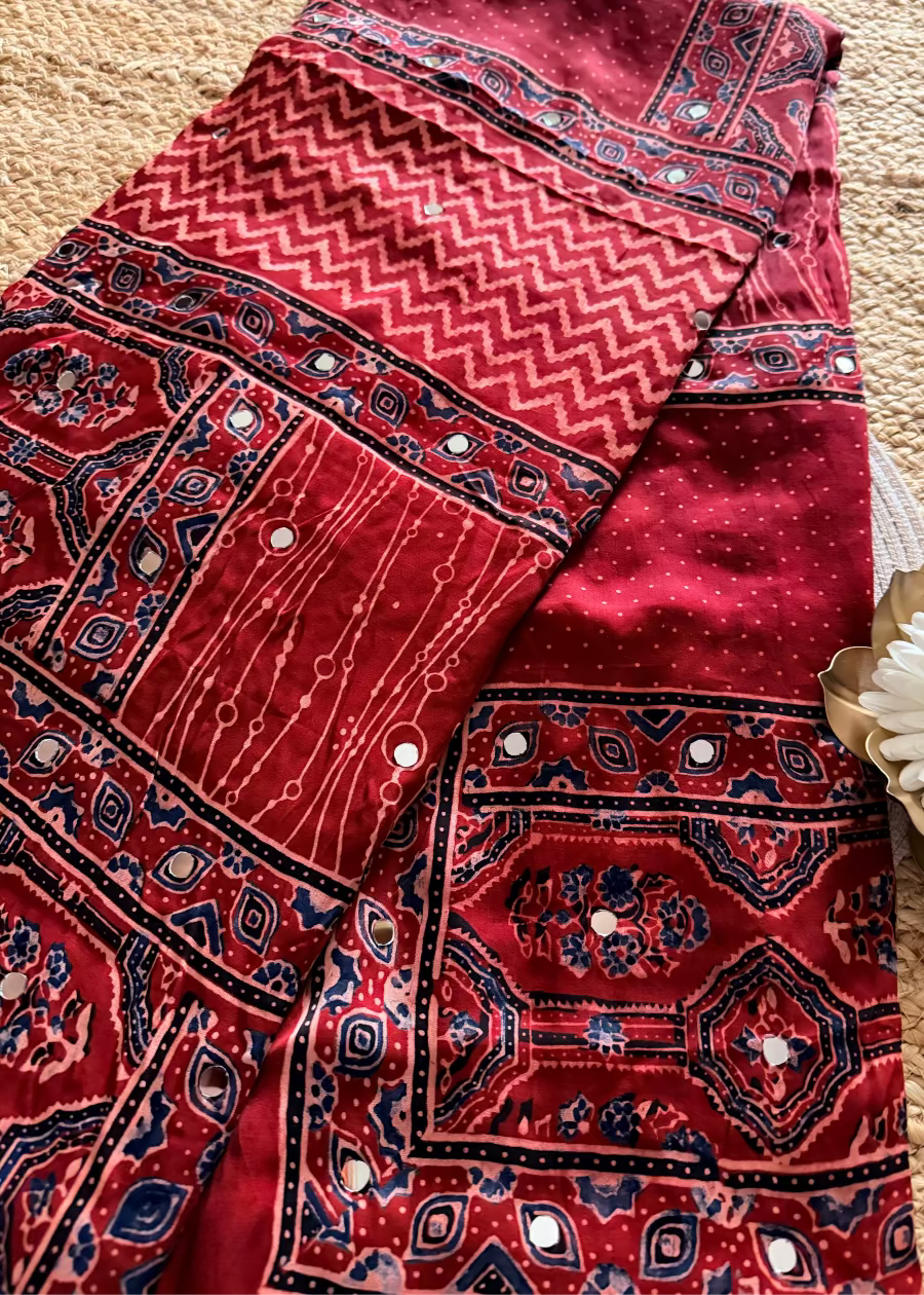 Red Pure Modal Silk Saree With Mirror Work- Gujarat