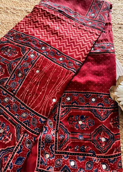 Red Pure Modal Silk Saree With Mirror Work- Gujarat