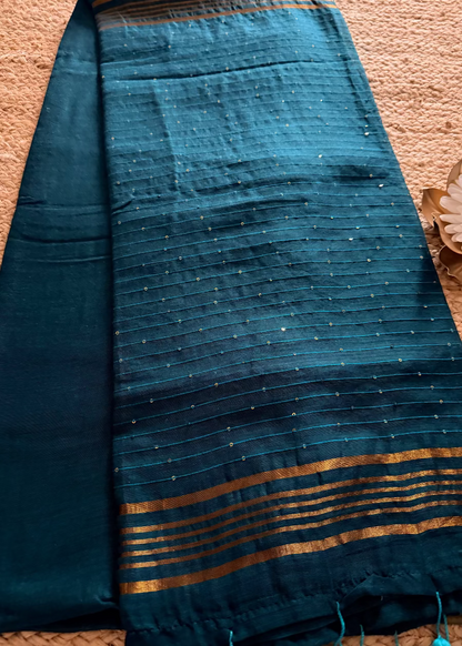 Dark Teal  Soft Mul Cotton Saree- Bengal