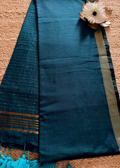 Dark Teal  Soft Mul Cotton Saree- Bengal