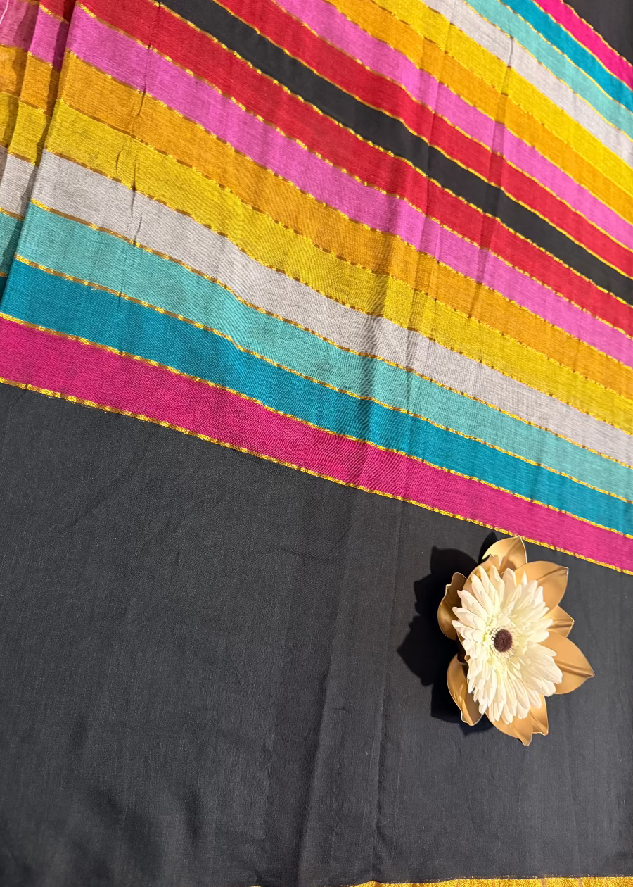 Black Rainbow color Soft Mul Cotton Saree- Bengal