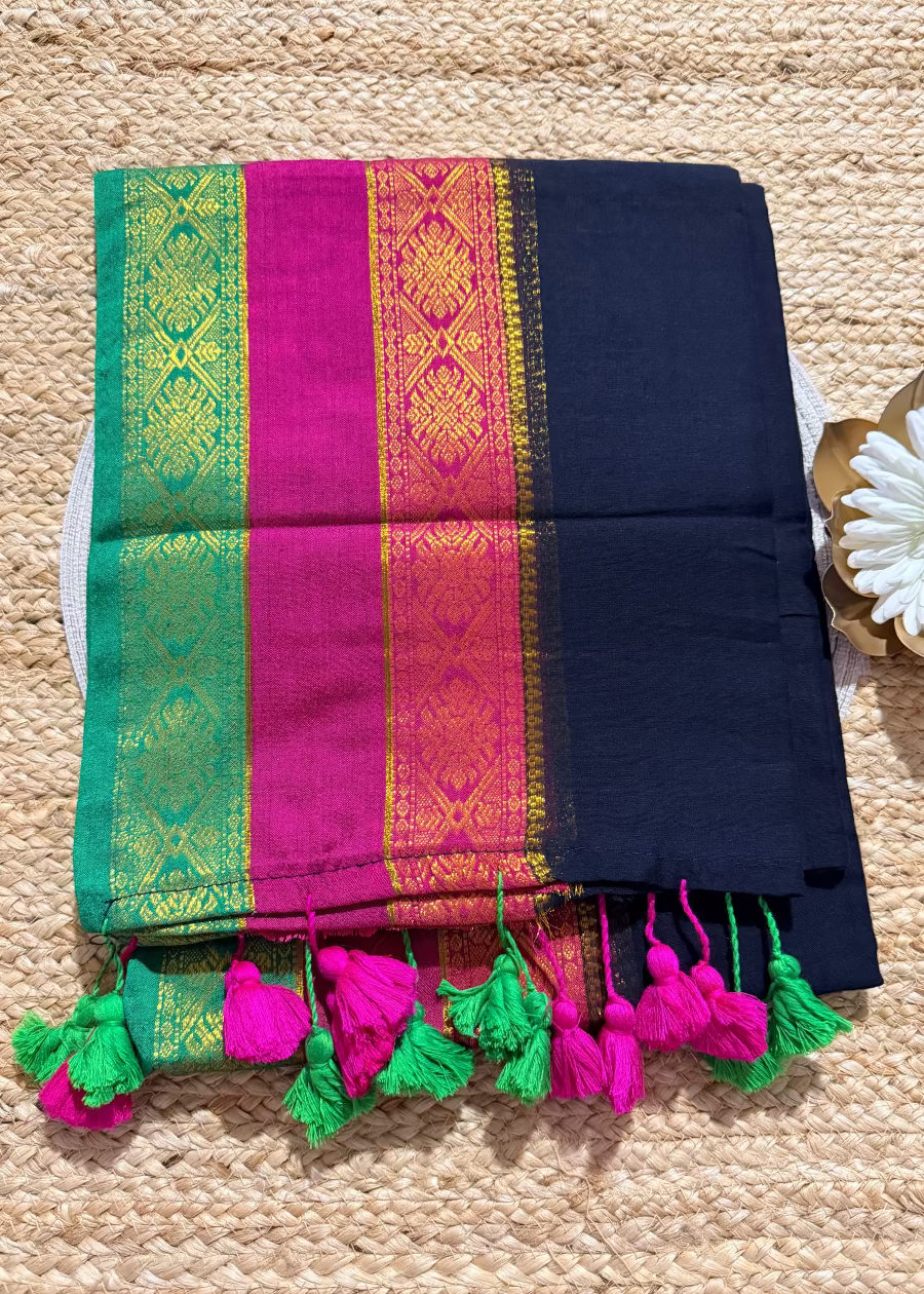 Black and Multi Colour Border Soft Mul Cotton Saree- Bengal