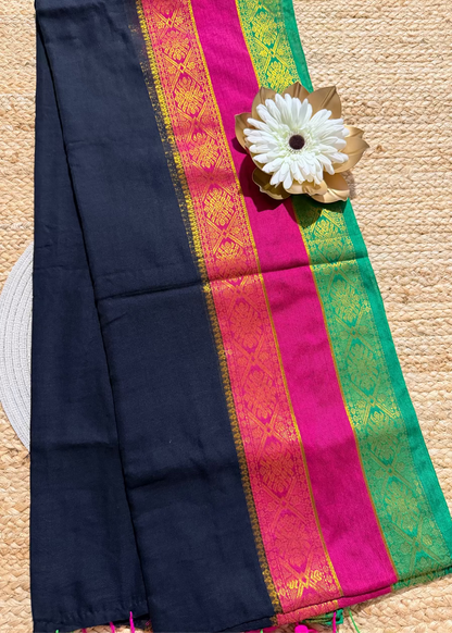Black and Multi Colour Border Soft Mul Cotton Saree- Bengal