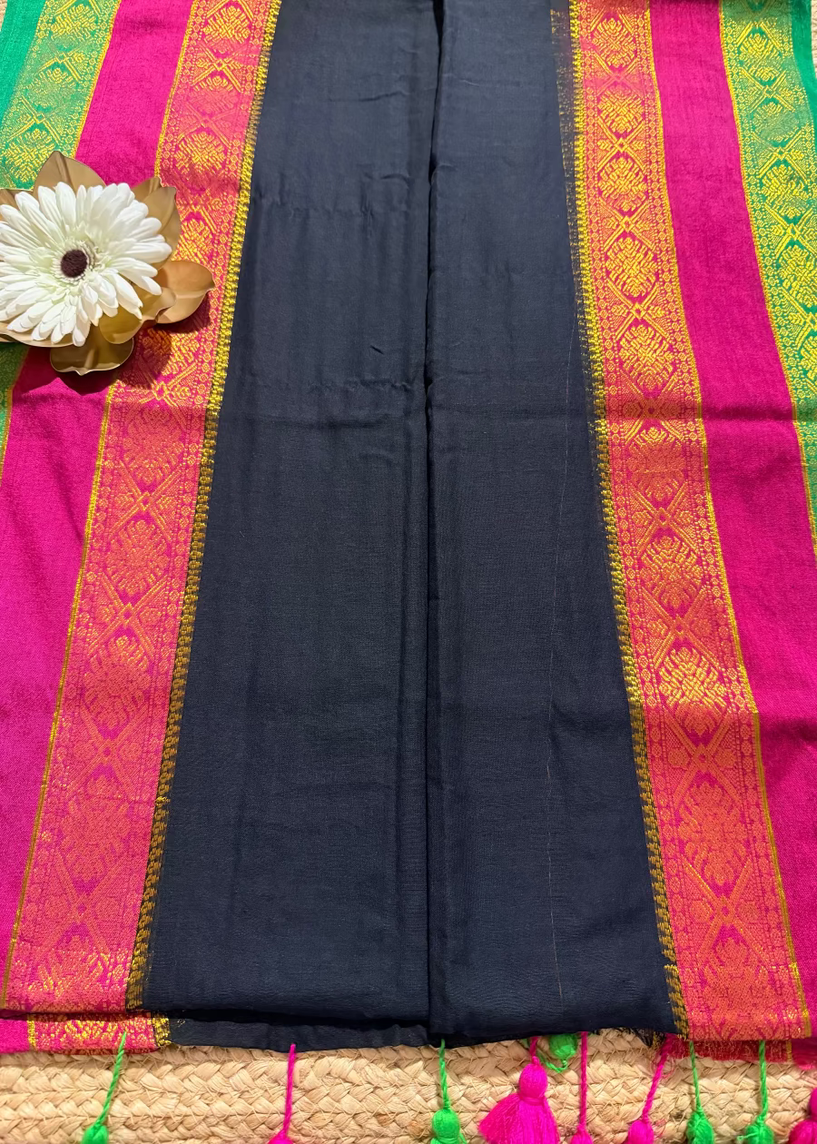 Black and Multi Colour Border Soft Mul Cotton Saree- Bengal