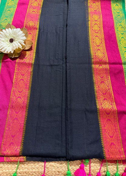 Black and Multi Colour Border Soft Mul Cotton Saree- Bengal