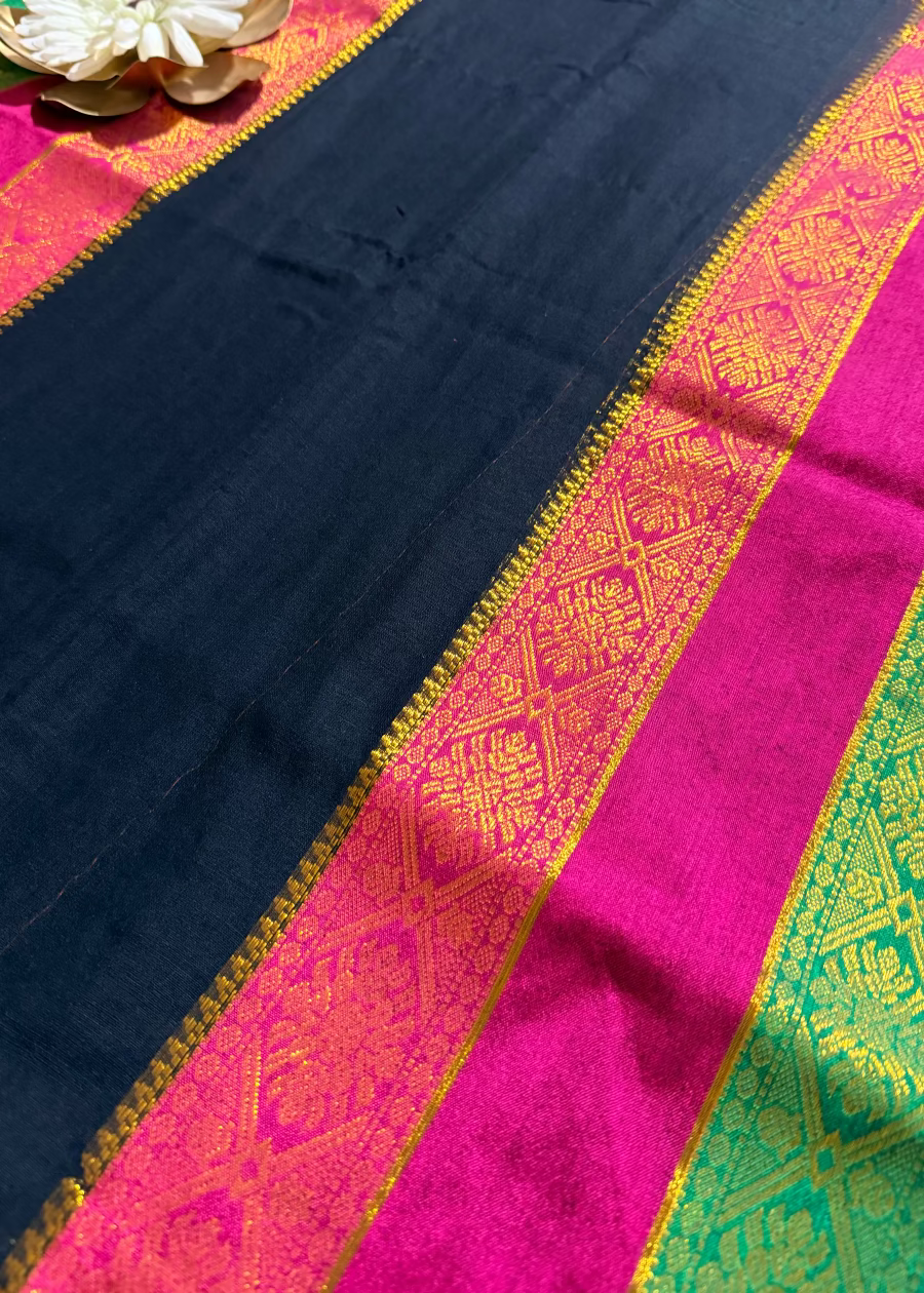 Black and Multi Colour Border Soft Mul Cotton Saree- Bengal