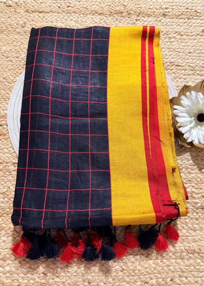 Check Design Black Yellow & Red Linen Cotton Saree- Bengal