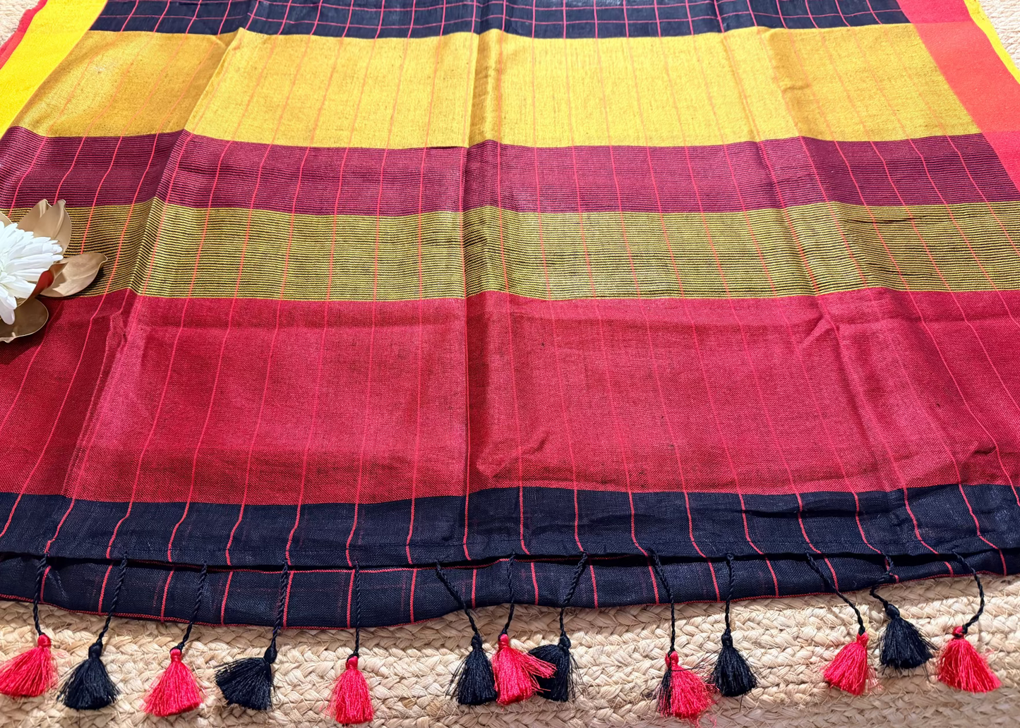 Check Design Black Yellow & Red Linen Cotton Saree- Bengal