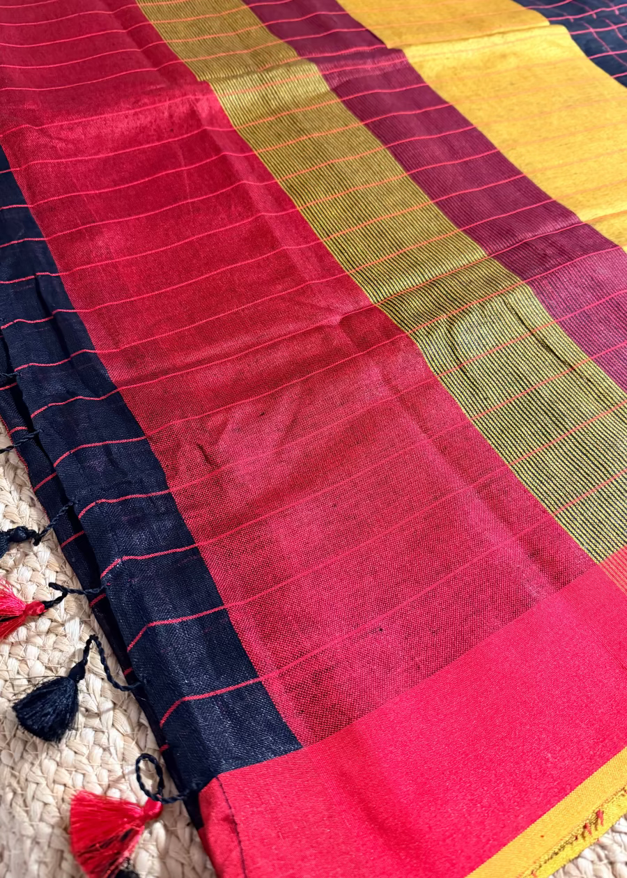 Check Design Black Yellow & Red Linen Cotton Saree- Bengal
