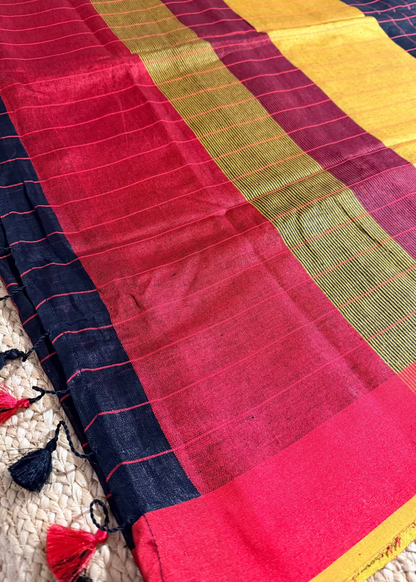 Check Design Black Yellow & Red Linen Cotton Saree- Bengal