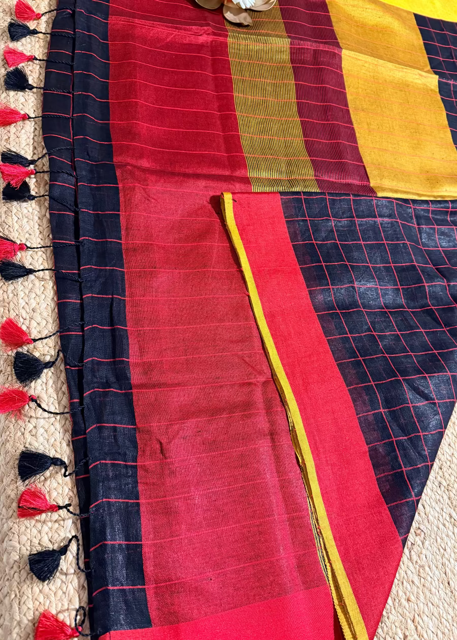 Check Design Black Yellow & Red Linen Cotton Saree- Bengal
