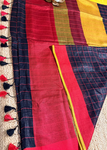 Check Design Black Yellow & Red Linen Cotton Saree- Bengal