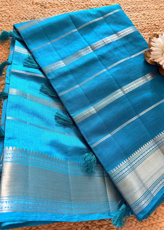 Blue Semi Tussar Silk Saree With stripes -Casual