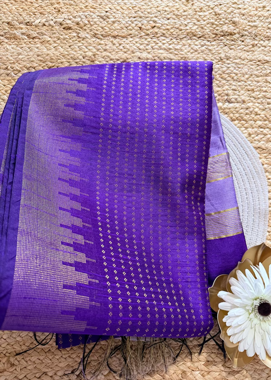 Dark Violet Semi  Raw Silk Saree With Temple Border- TN