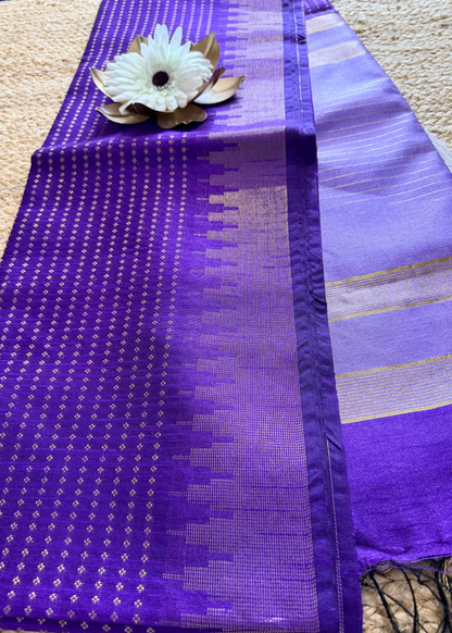 Dark Violet Semi  Raw Silk Saree With Temple Border- TN