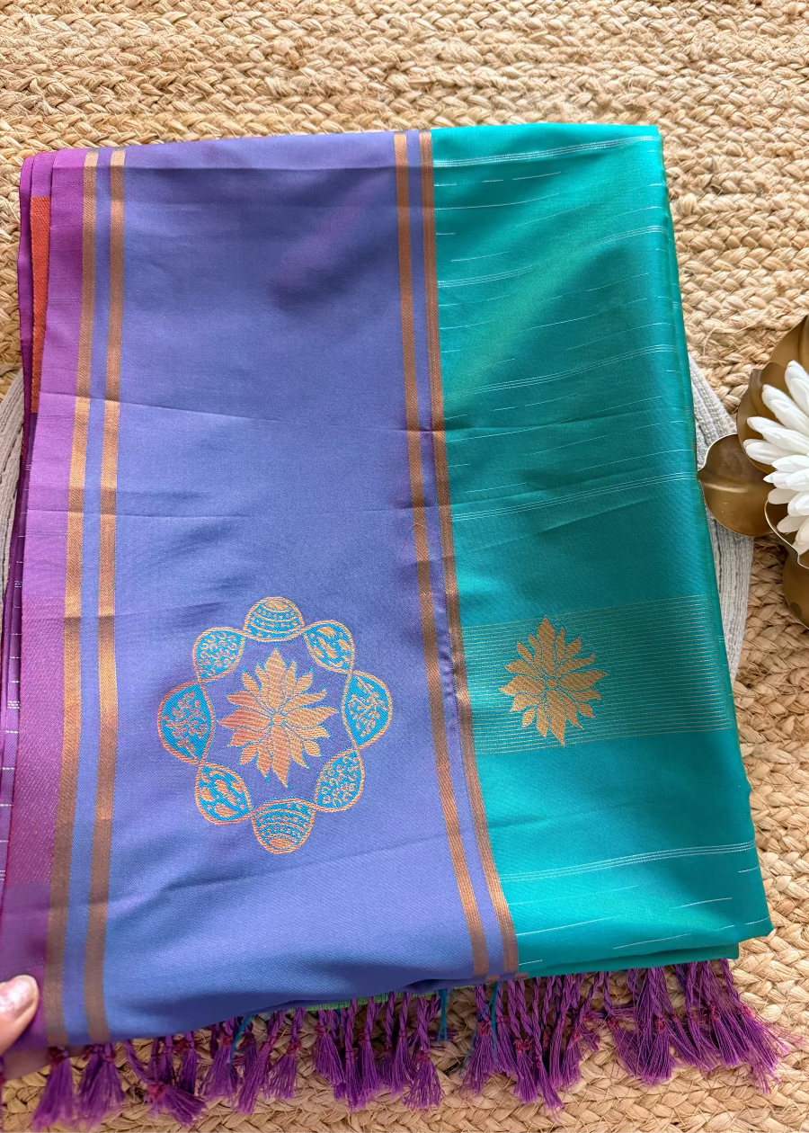 Turqoise Green and Purple Semi Silk Saree- TN
