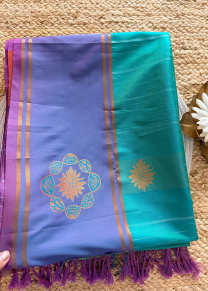 Turqoise Green and Purple Semi Silk Saree- TN