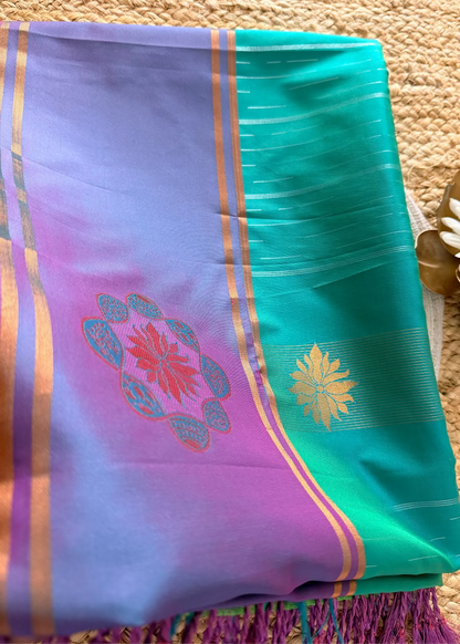 Turqoise Green and Purple Semi Silk Saree- TN
