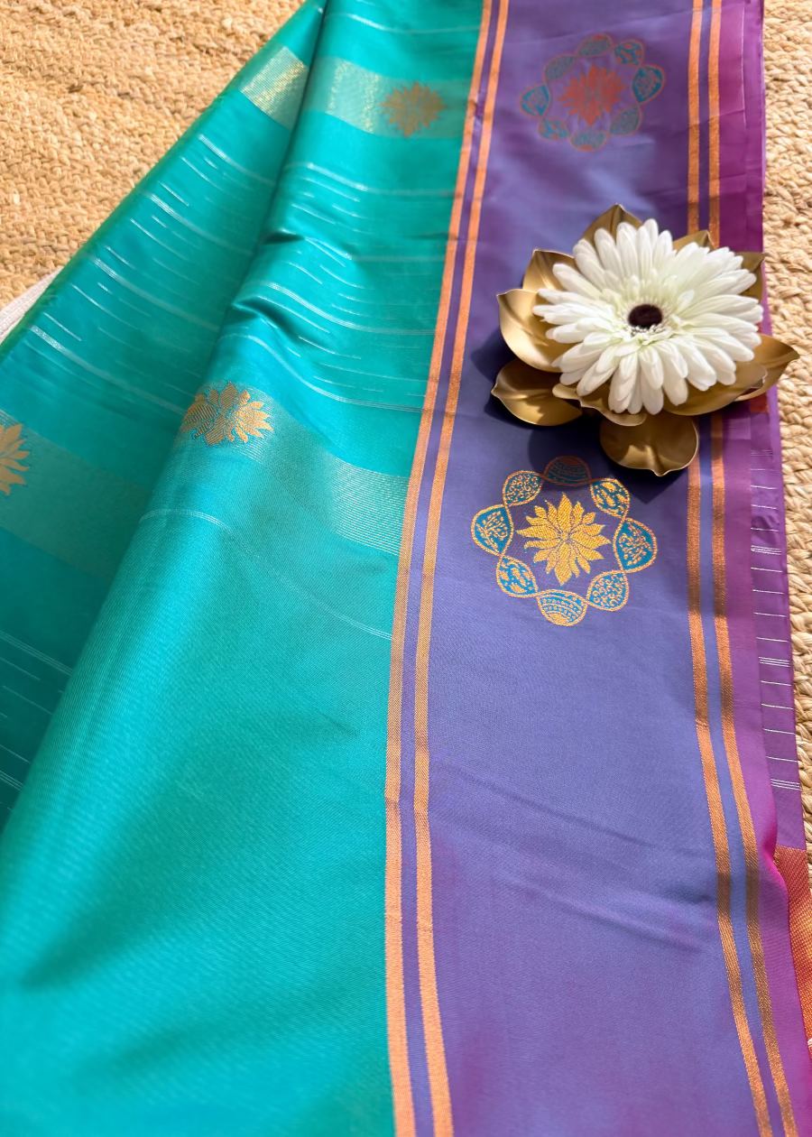 Turqoise Green and Purple Semi Silk Saree- TN