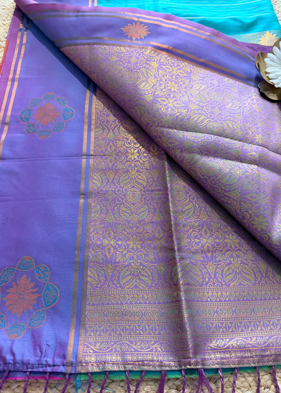 Turqoise Green and Purple Semi Silk Saree- TN