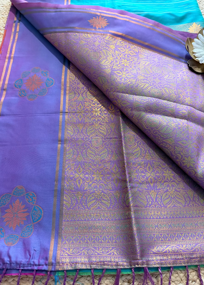 Turqoise Green and Purple Semi Silk Saree- TN