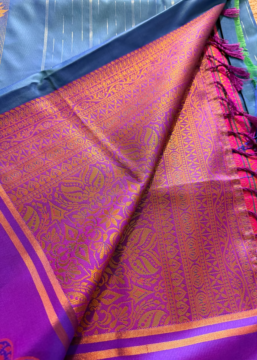 Blue and Purple Semi Satin Silk Saree- TN
