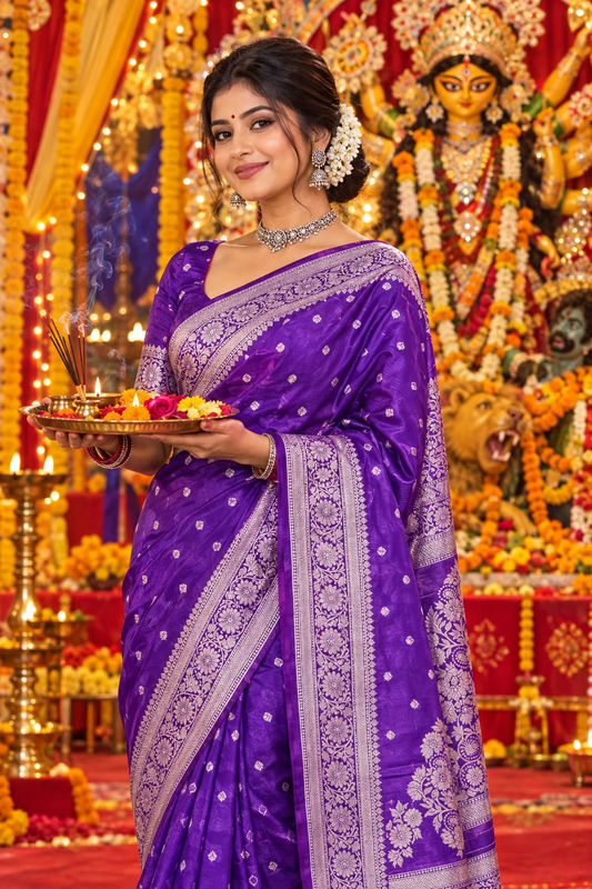 Violet Semi Silk Saree With Buttis- Banaras