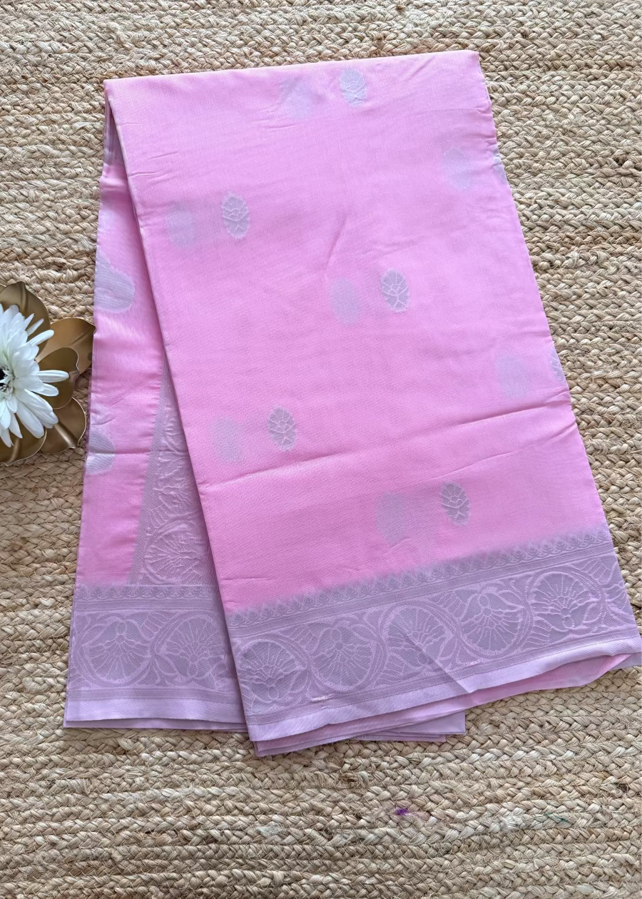 Pink Linen Cotton Saree- Banaras