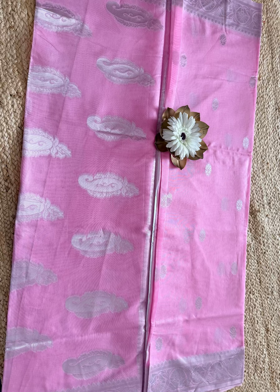 Pink Linen Cotton Saree- Banaras