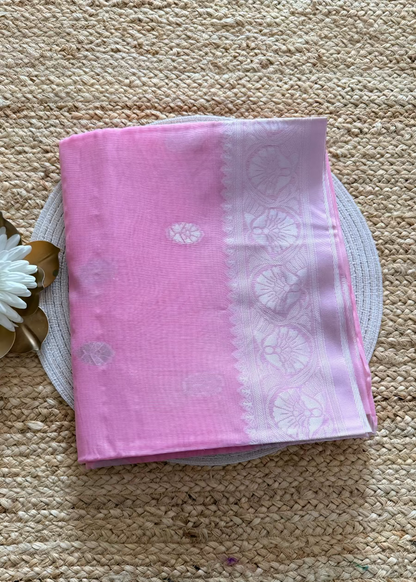 Pink Linen Cotton Saree- Banaras