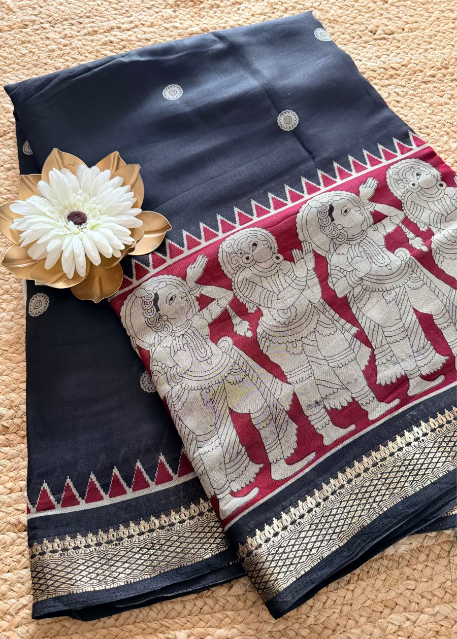 Black & Red Kalamkari Printed Saree- Andhra