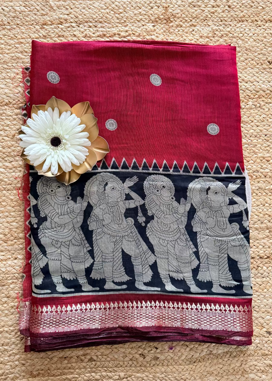 Red & Black Kalamkari Printed Semi Silk Saree - Andhra
