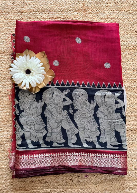 Red & Black Kalamkari Printed Semi Silk Saree - Andhra