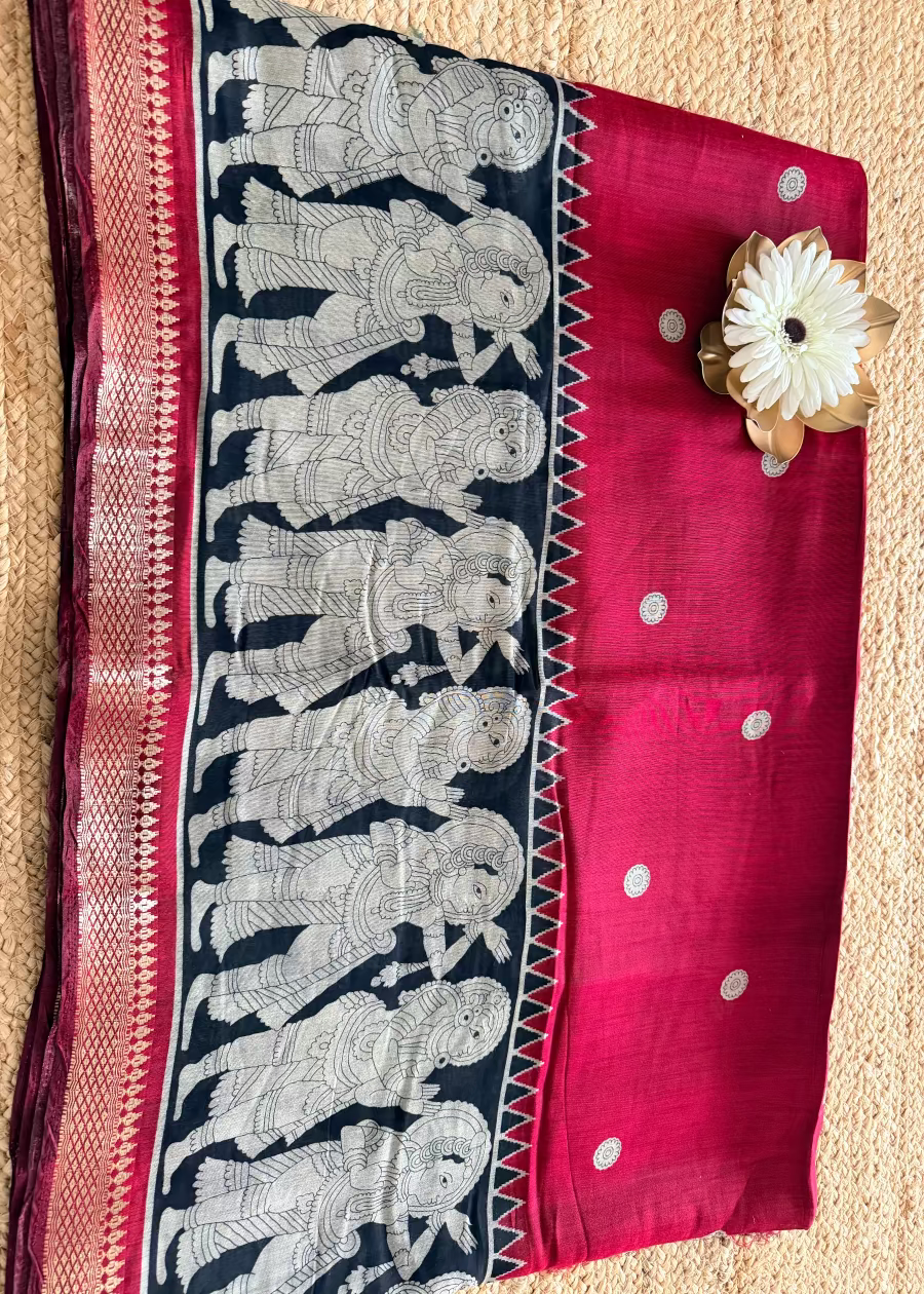 Red & Black Kalamkari Printed Semi Silk Saree - Andhra