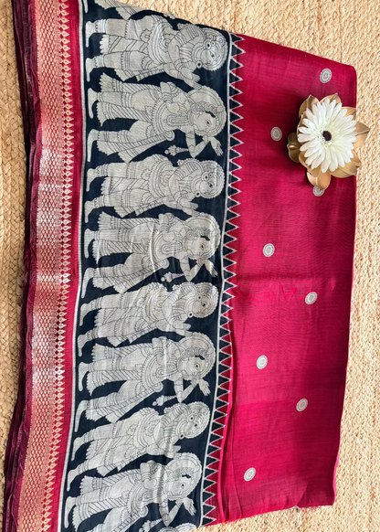 Red & Black Kalamkari Printed Semi Silk Saree - Andhra