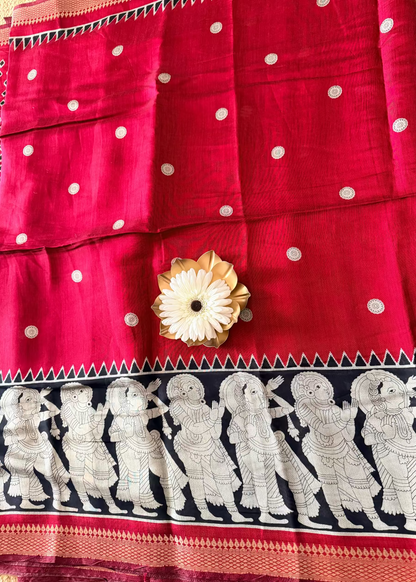 Red & Black Kalamkari Printed Semi Silk Saree - Andhra
