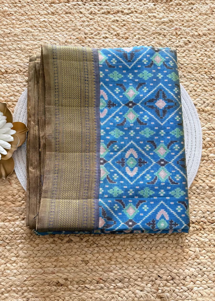 Dual Toned Blue Ikatt Print Soft  Semi Silk Saree- Andhra