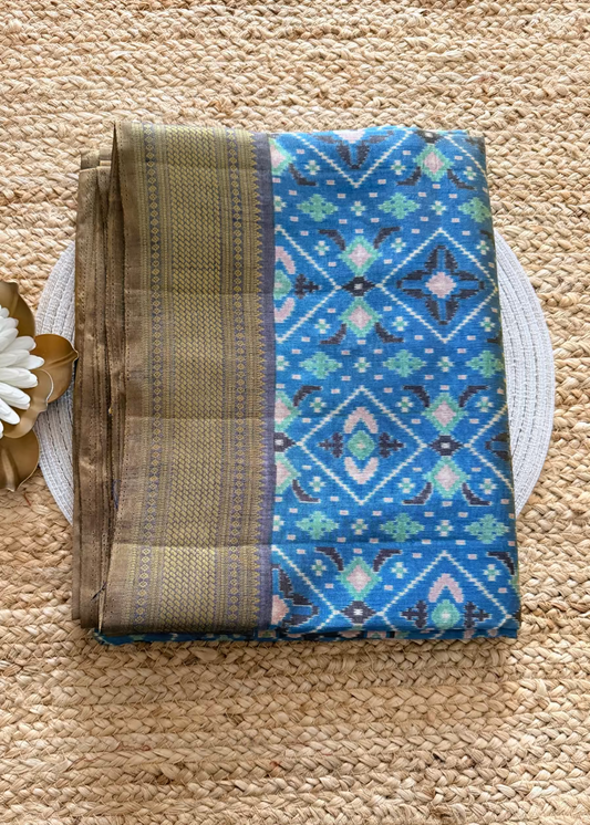 Dual Toned Blue Ikatt Print Soft  Semi Silk Saree- Andhra