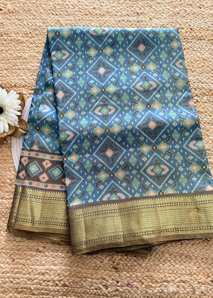 Dual Toned Blue Ikatt Print Soft  Semi Silk Saree- Andhra