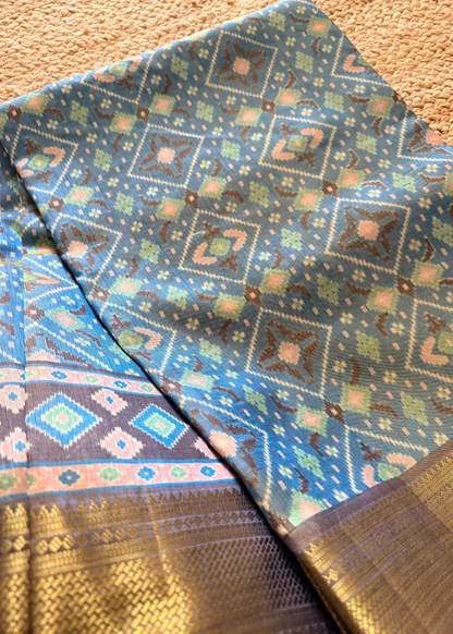 Dual Toned Blue Ikatt Print Soft  Semi Silk Saree- Andhra