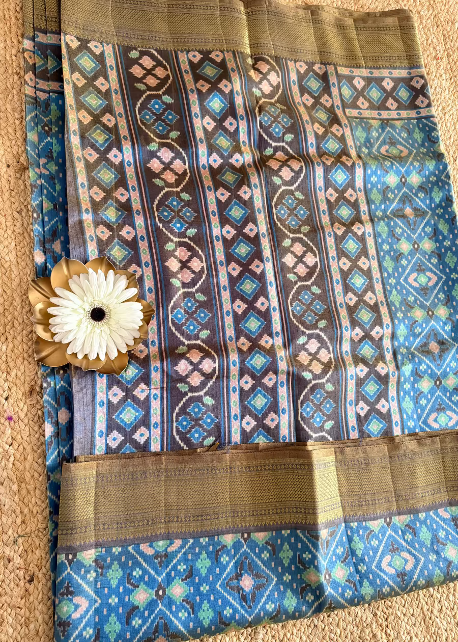 Dual Toned Blue Ikatt Print Soft  Semi Silk Saree- Andhra