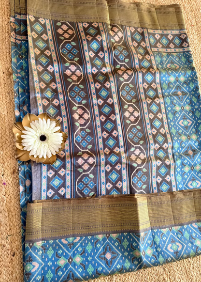 Dual Toned Blue Ikatt Print Soft  Semi Silk Saree- Andhra