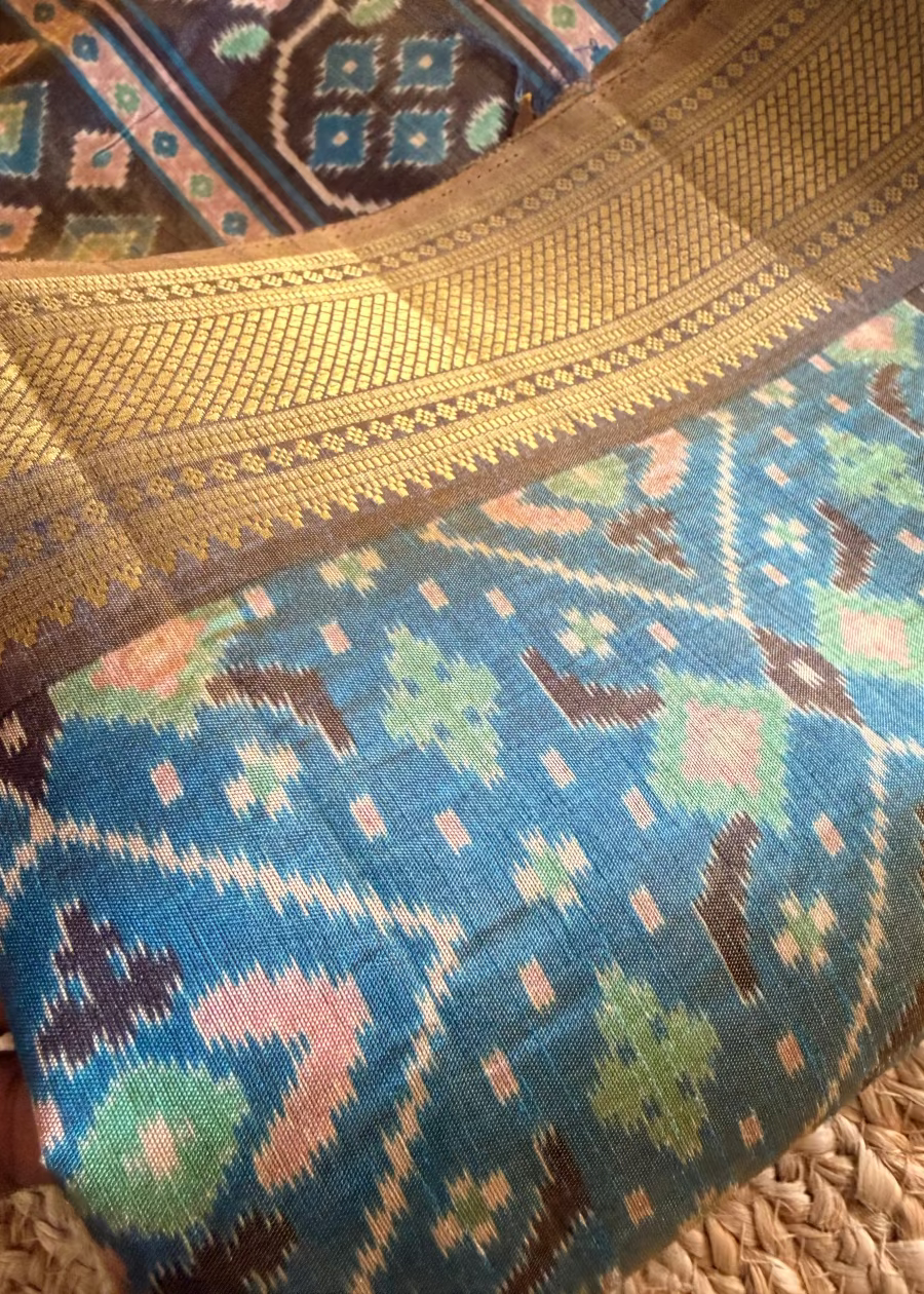 Dual Toned Blue Ikatt Print Soft  Semi Silk Saree- Andhra