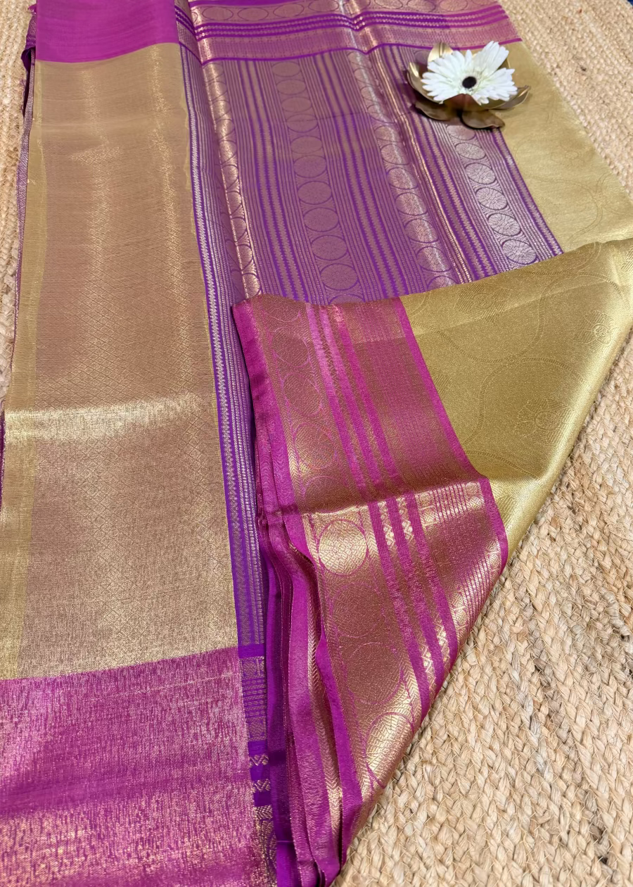 Beige & Majenta Tissue Silk Saree- Banaras