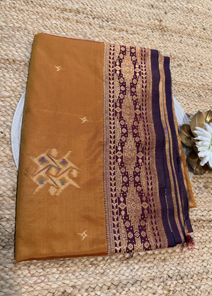 Golden Mustard and  Brown Semi Silk Saree- Banaras