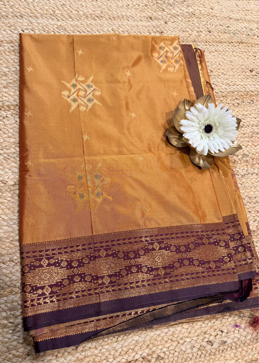 Golden Mustard and  Brown Semi Silk Saree- Banaras