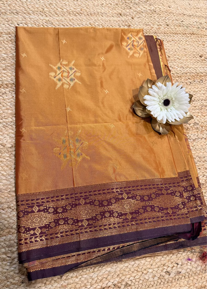 Golden Mustard and  Brown Semi Silk Saree- Banaras