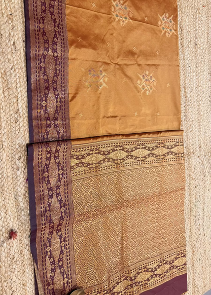 Golden Mustard and  Brown Semi Silk Saree- Banaras