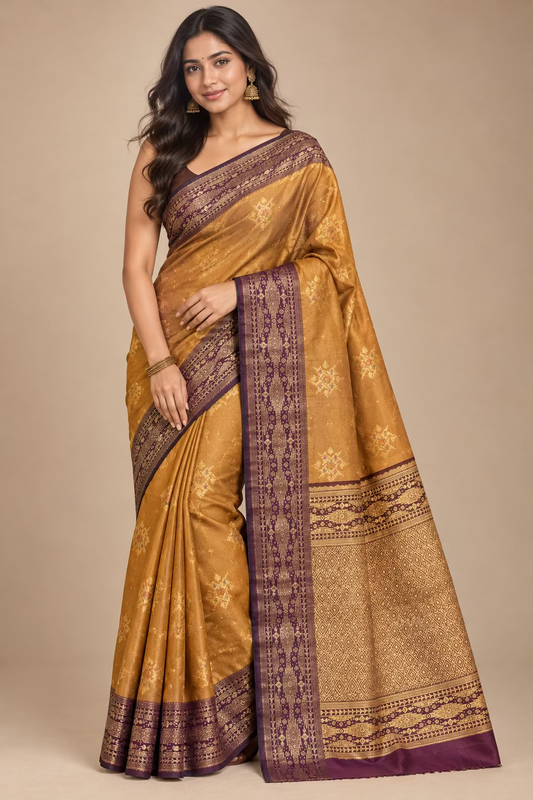 Golden Mustard and  Brown Semi Silk Saree- Banaras